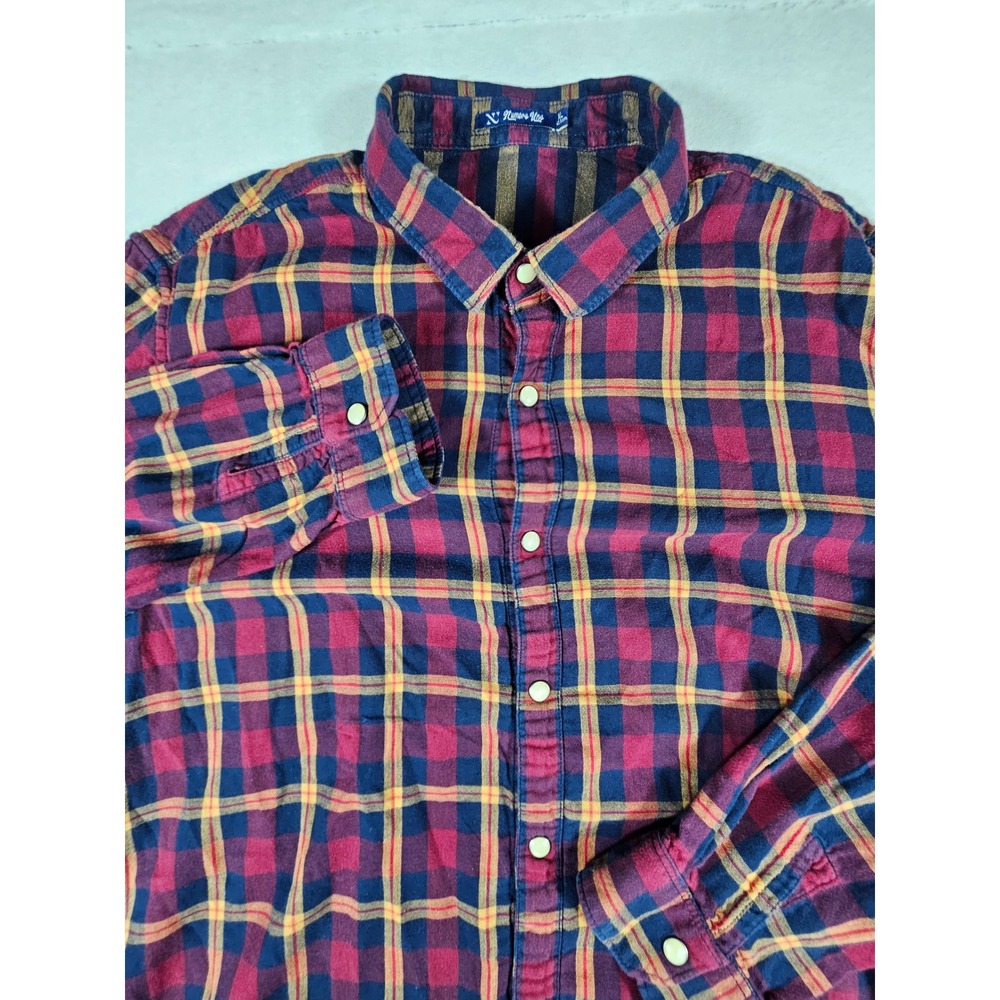 Numero Uno Mens XL Plaid‎ Flannel Button Down Shirt Burgundy Navy Blue Yellow